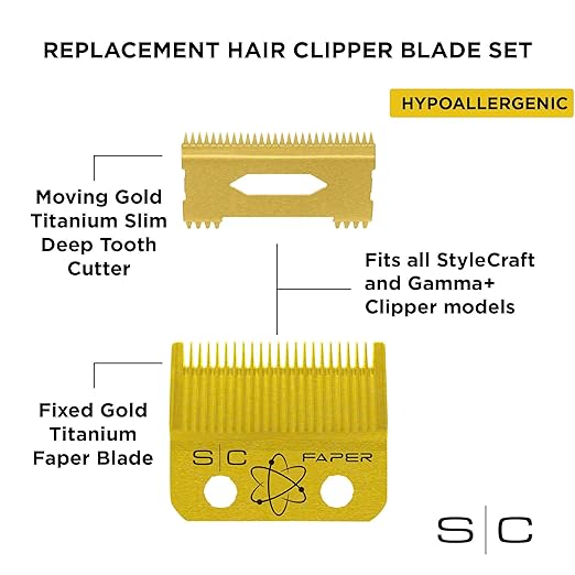 StyleCraft Replacement Fixed Gold Titanium Faper Hair Clipper Blade with Moving Slim Deep Cutter Set